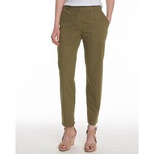 EILEEN FISHER Org Cotton Twill Pants 12 Green Olive Tapered Lightweight EUC B47